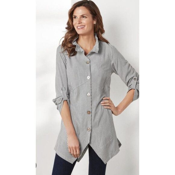 Soft Surroundings Size M Sasha Striped Shirt Medium Tunic Top 2CG83 - Picture 1 of 8